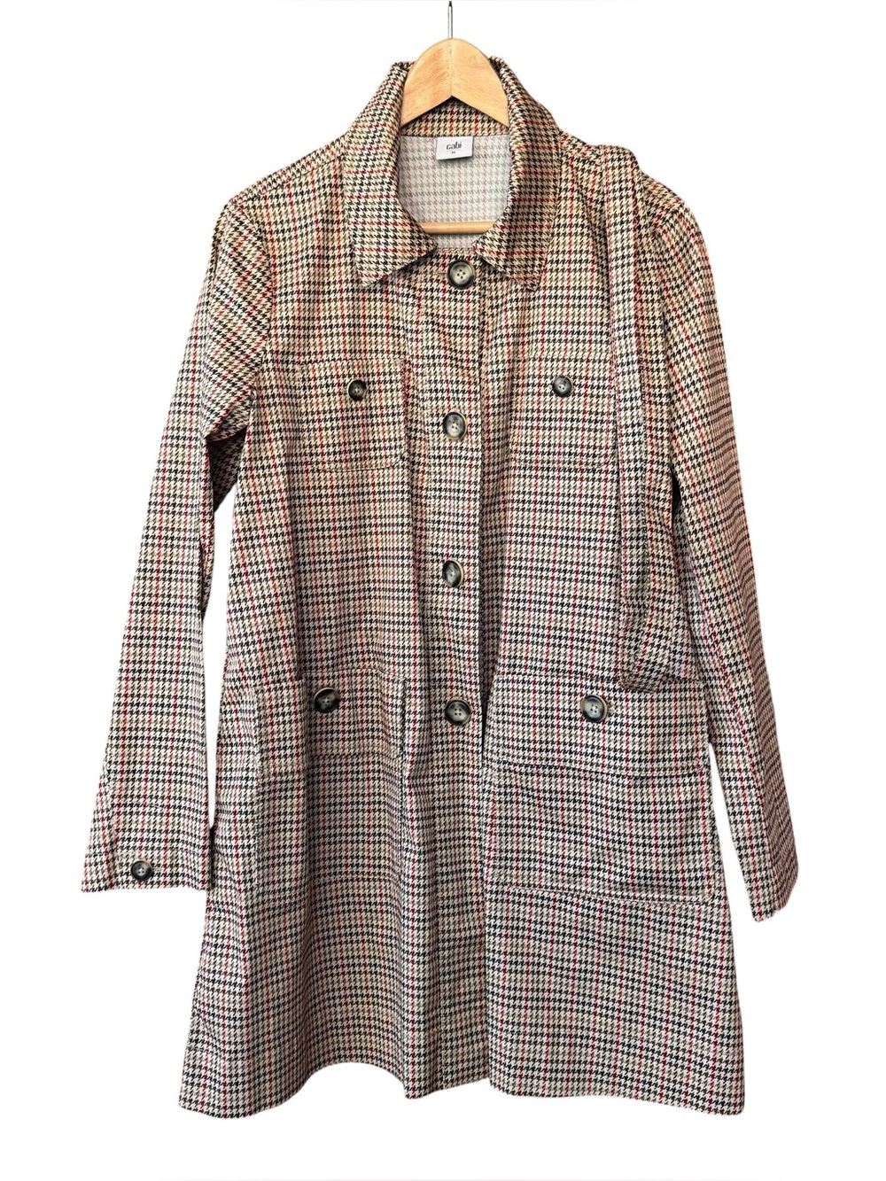 CABI Sherlock Houndstooth Plaid Trench Coat Belted Tan Multi Medium Style 3734